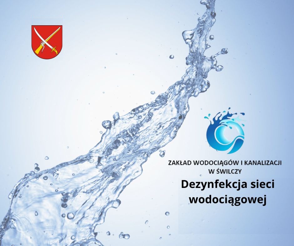 Krople wody z&nbsp;napisem o&nbsp;okresowej deynfekcji sieci wodociągowej
