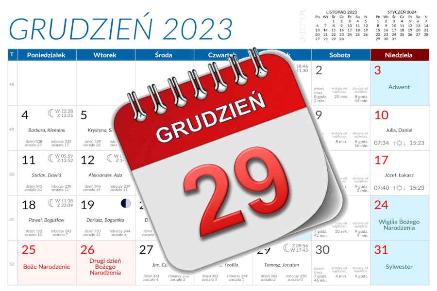 Kalendarz - 29 grudnia 2023