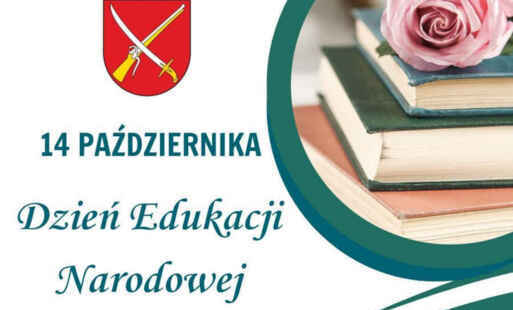 Herb gminy, książki, napis 14 października - Dzień Edukacji Narodowej