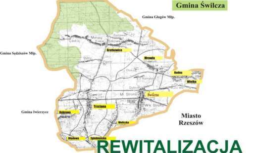 Mapka gminy Świlcza z napisem Rewitalizacja