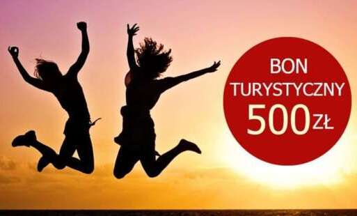 Zarys dwóch osób, napis Bo turystyczny 500 zł