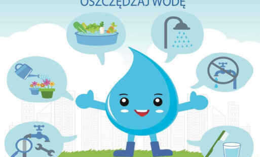 Kropelka wody z napisem oszczędzaj wodę