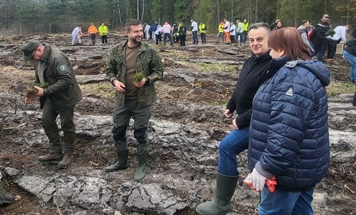  Dawid Homa - Wójt Gminy, Seweryn Kornak - Zastępca Wójta, Katarzyna Wdowik - Radna Rady Gminy podczas sadzenia sadzonek sosny
