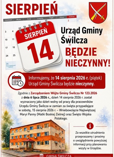 14 sierpnia dniem wolnym od pracy w Urzędzie Gminy
