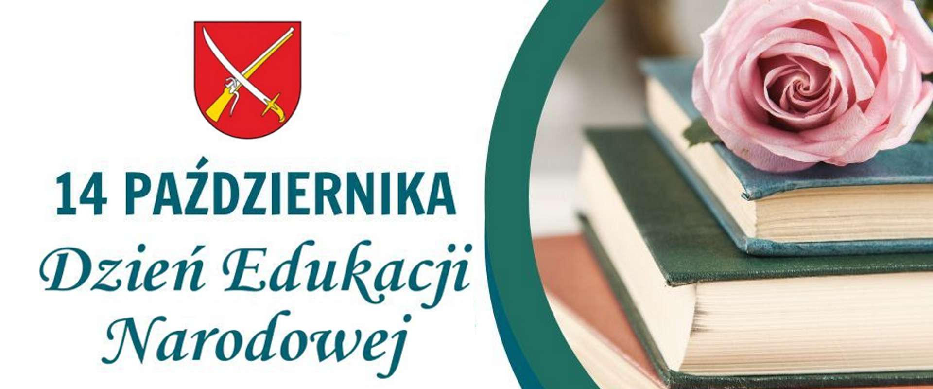 Herb gminy, książki, napis 14 października - Dzień Edukacji Narodowej