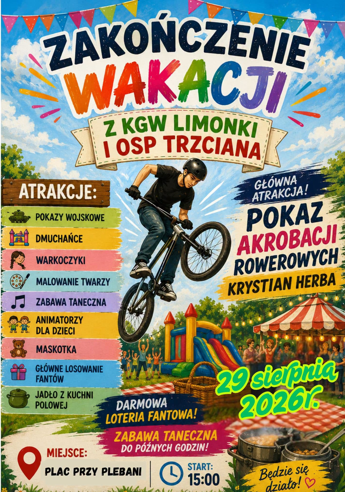 Plakat z&nbsp;informacjami o&nbsp;pikniku w&nbsp;Trzcianie