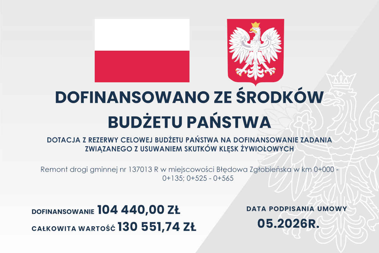 Tablica Remont drogi gminnej nr 137013 R w&nbsp;miejscowości Błędowa Zgłobieńska