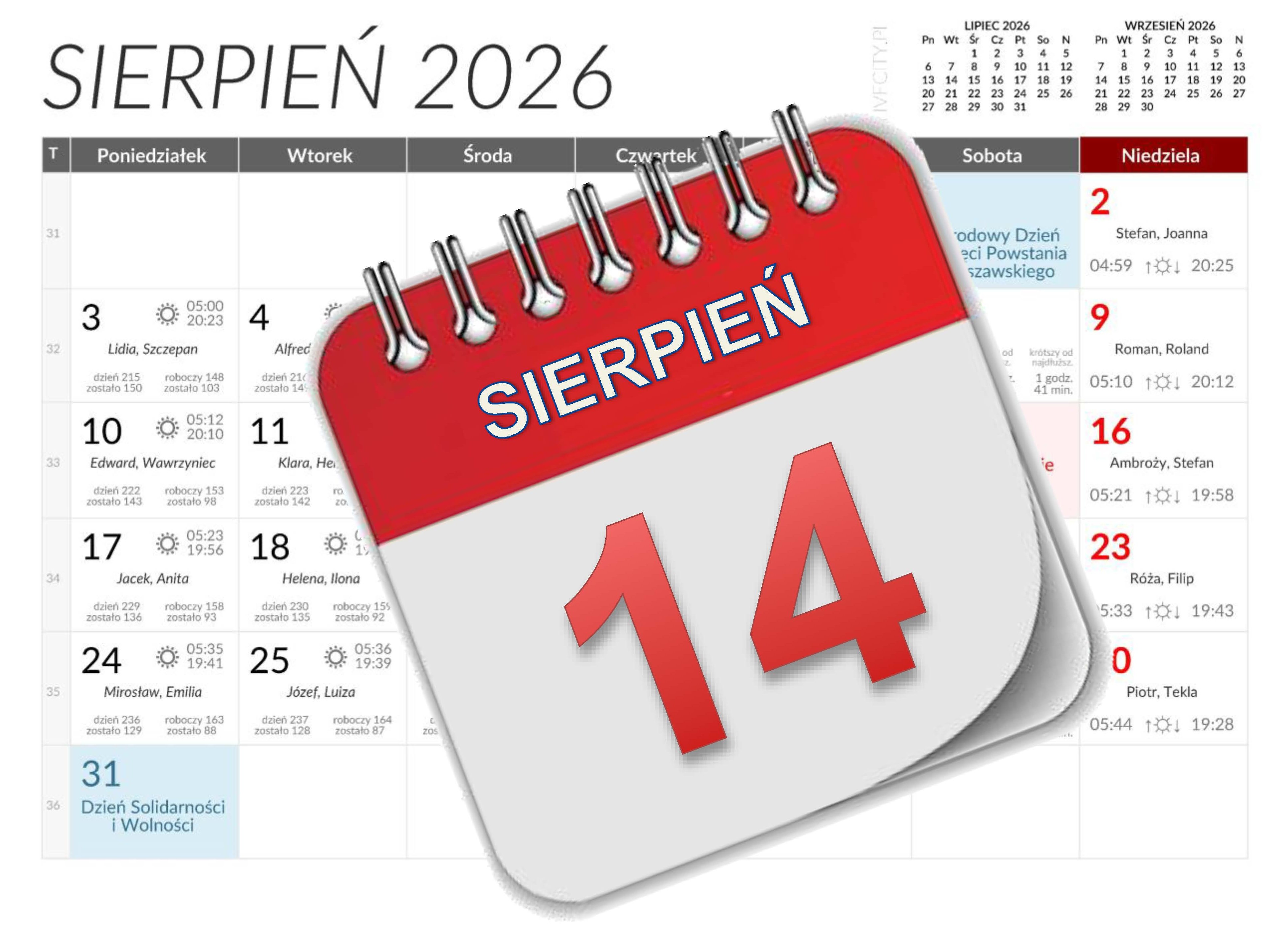 Kalendarz 14 sierpnia 2026