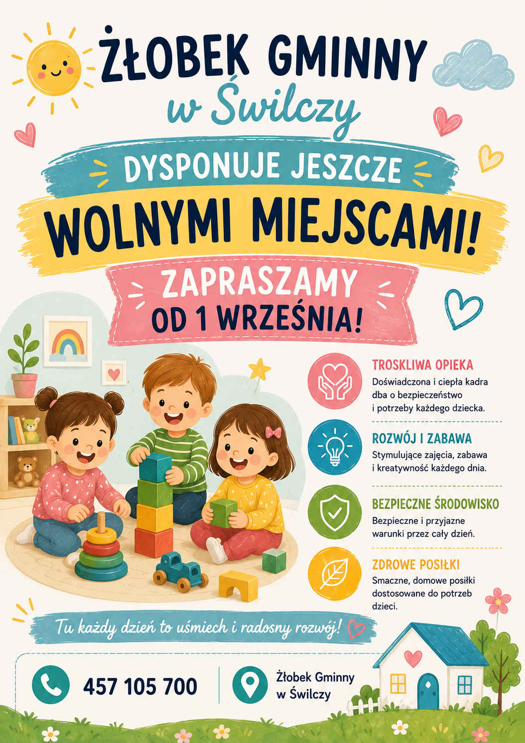 Plakat informujący o&nbsp;wolnych miejscach w&nbsp;Żłobku Gminnym