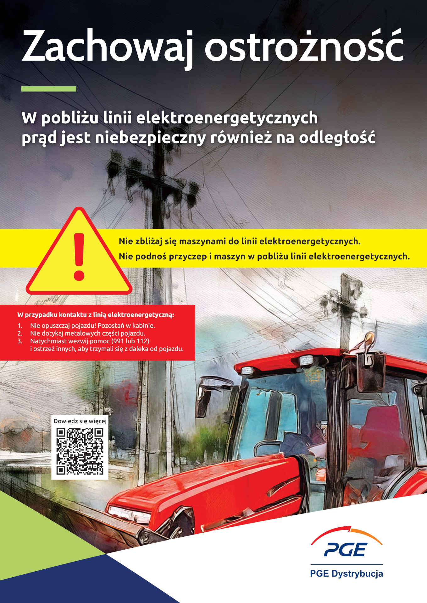 Plakat nt. ostrożności w&nbsp;pobliżu linii energetycznych