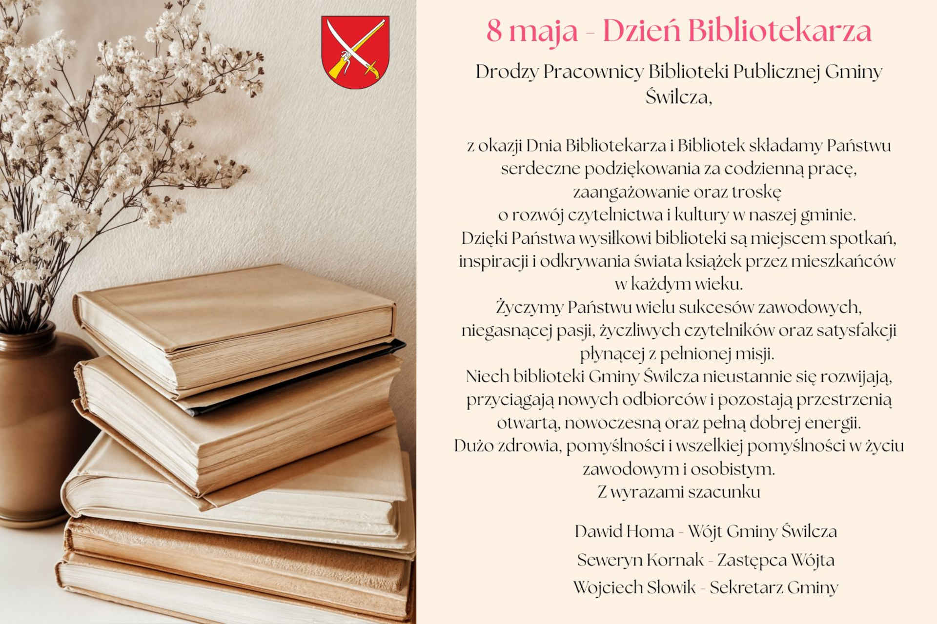 Dzień Bibliotekarza - życzenia od W&oacute;jta Gminy Świlcza