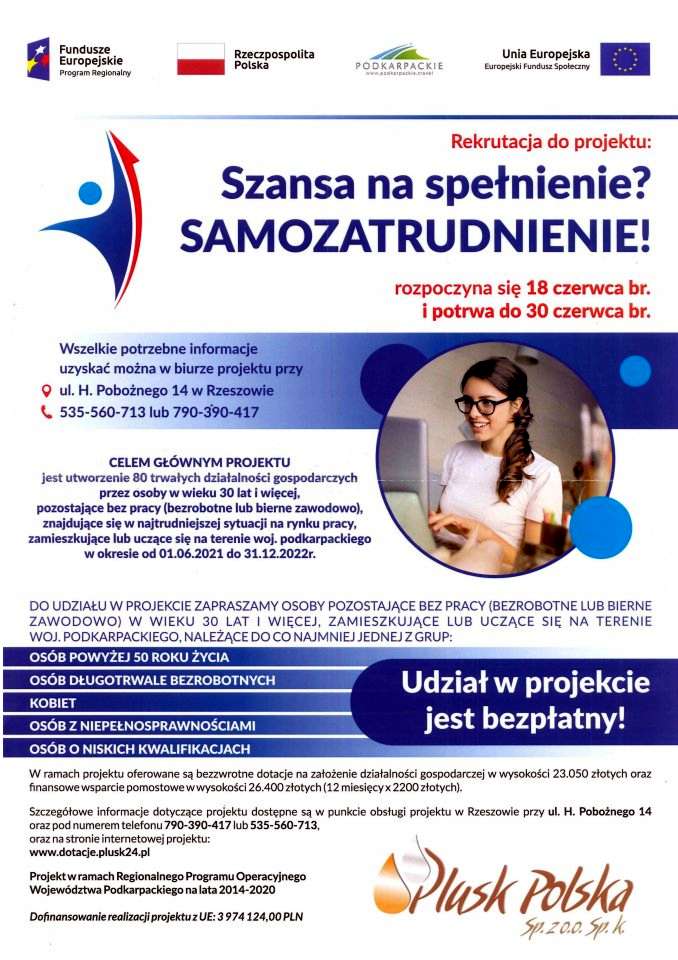 Plakat projektu „Szansa na spełnienie? SAMOZATRUDNIENIE!”